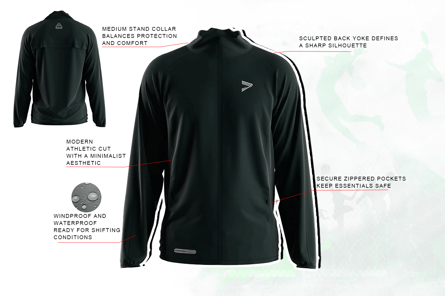 OEM athletic windbreaker jacket built for workwear and outdoor programs. Windproof, waterproof construction with sculpted back yoke and secure zip pockets.