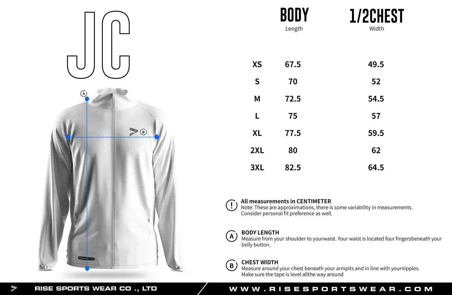 Adult men's size chart for Wholesale windproof and waterproof outdoor jacket. Also, customize your brand / team size chart.