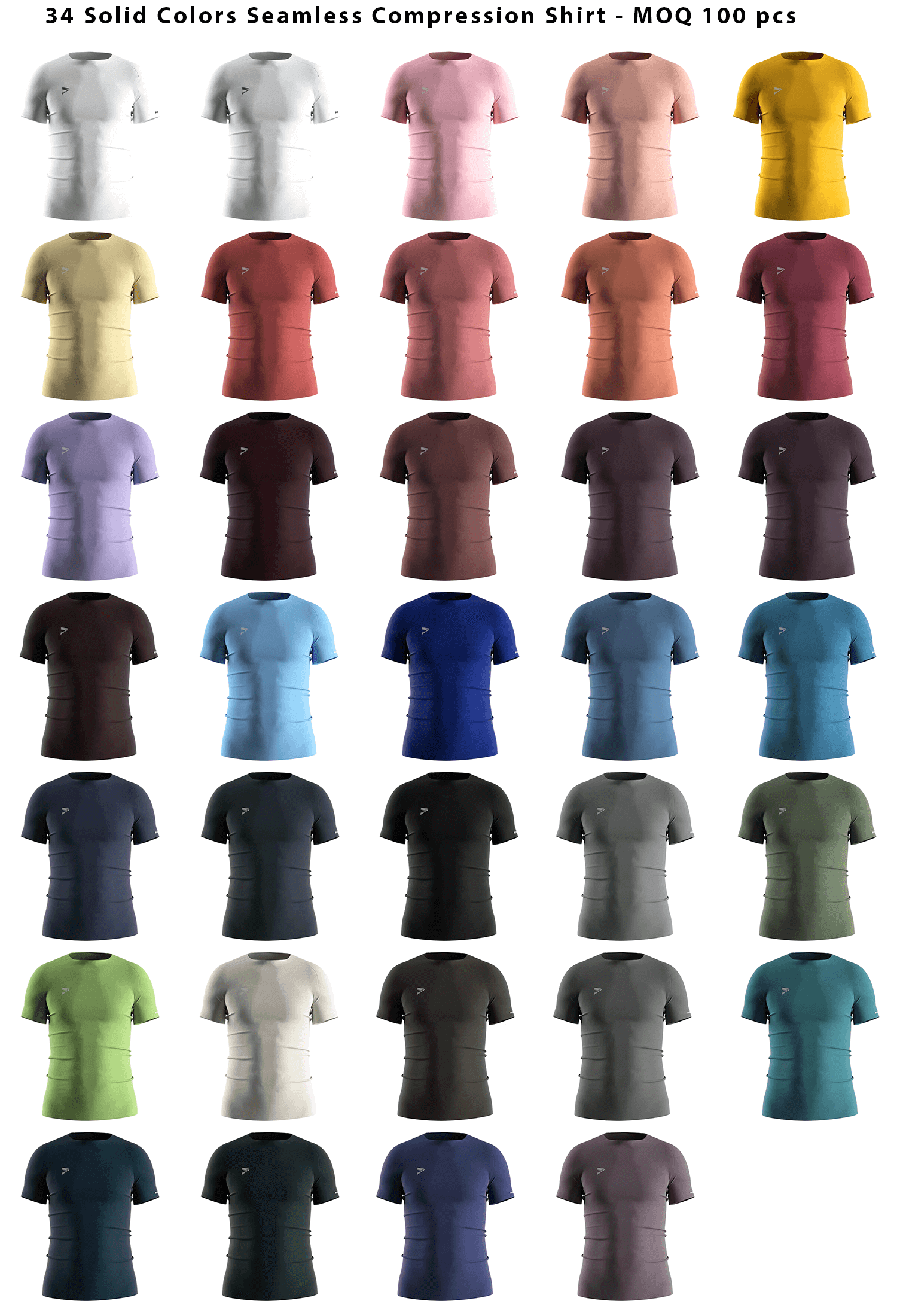 Display of 34 solid‑color heat‑glued men's seamless compression T‑shirts arranged in a full color range.