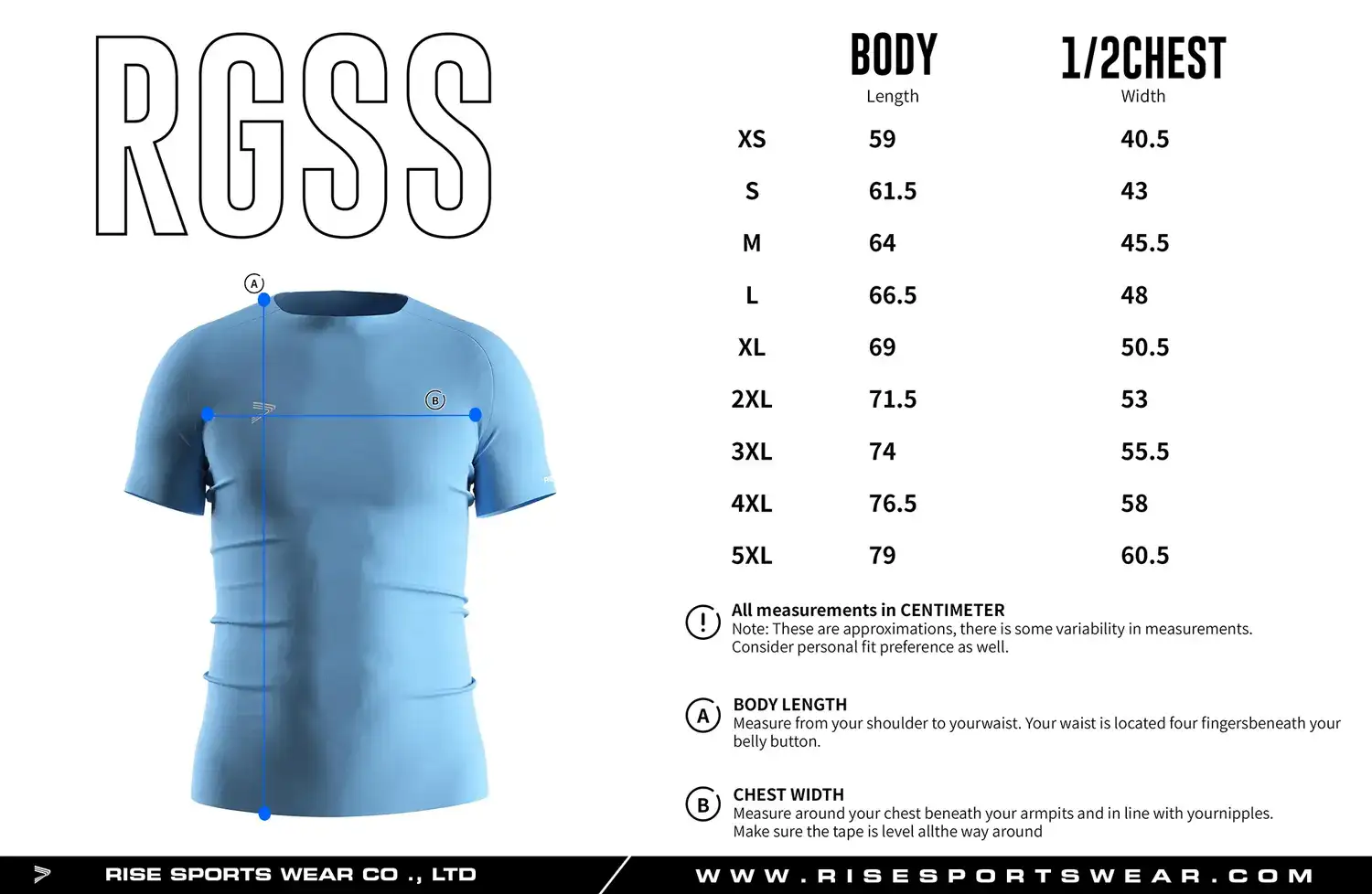 Adult men's size chart for blue seamless compression T‑shirt displaying measurements from XS to 5XL.