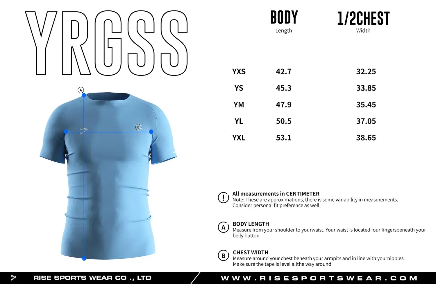 Youth size chart for blue seamless compression T‑shirt showing measurements from YXS to YXL.