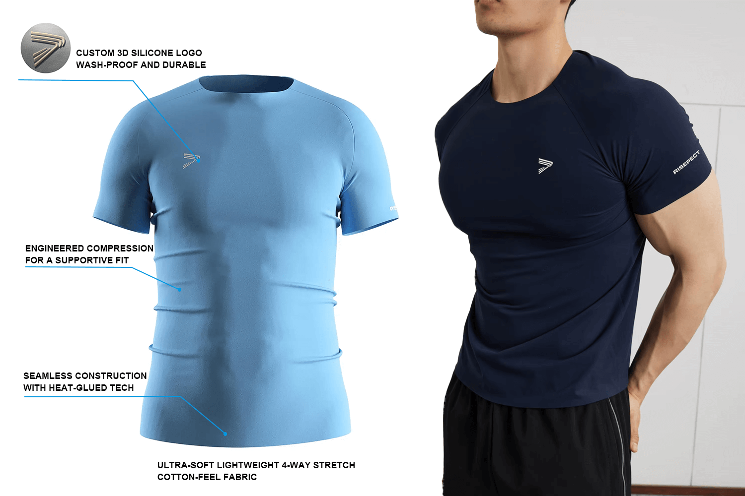 Men's blue seamless heat‑bonded compression T‑shirt showing key features such as RS004 fabric, 3D silicone logo, and engineered compression.