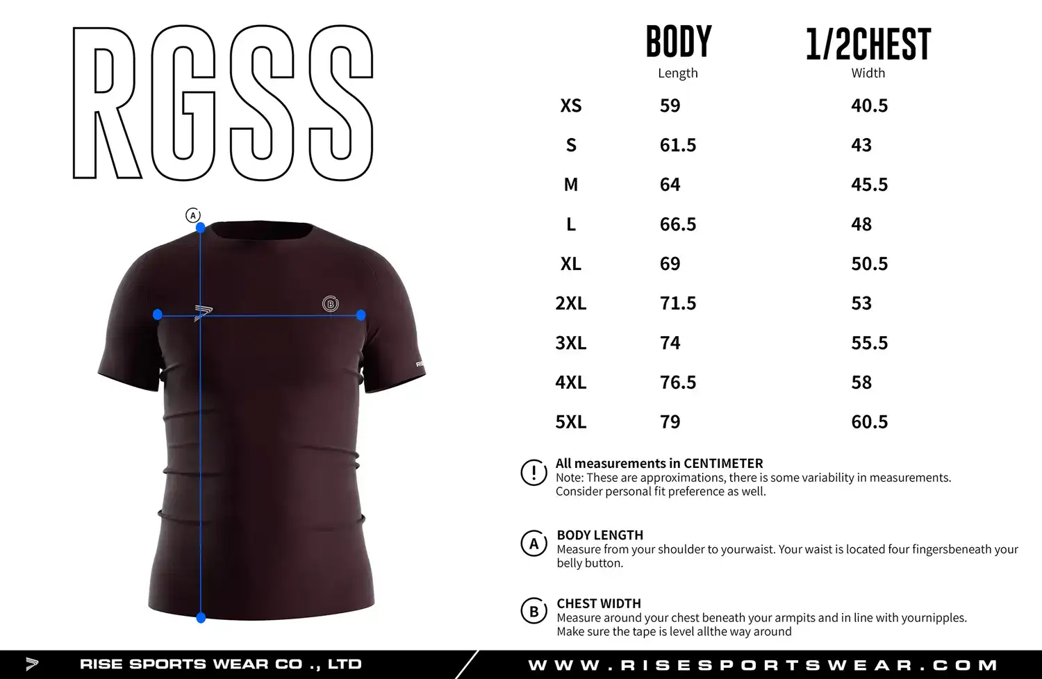 Adult men's size chart for brown seamless compression T‑shirt displaying measurements from XS to 5XL.