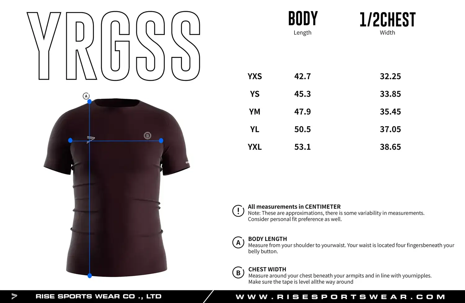 Youth size chart for brown seamless compression T‑shirt showing measurements from YXS to YXL.