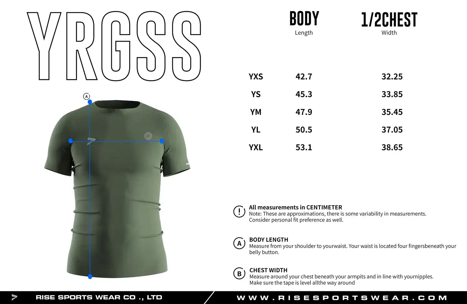 Youth size chart for green seamless compression T‑shirt showing measurements from YXS to YXL.