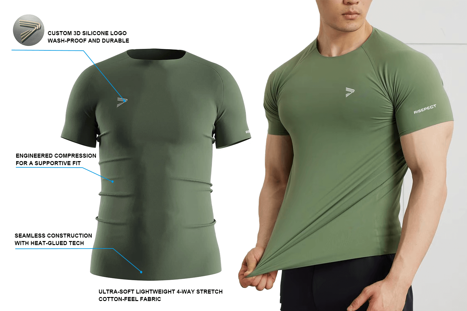Men's green seamless heat‑bonded compression T‑shirt showing key features such as RS004 fabric, 3D silicone logo, and engineered compression.