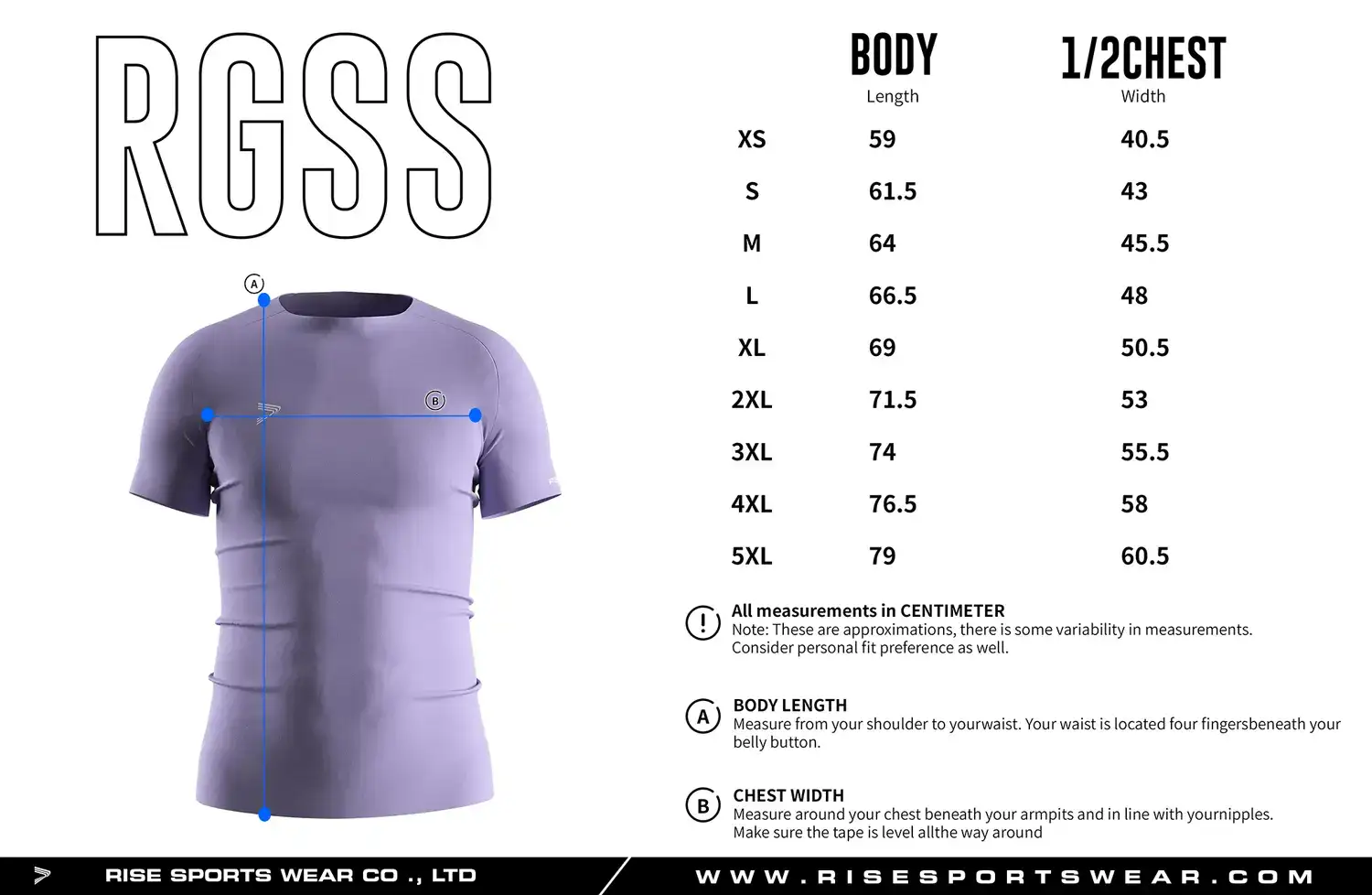 Adult men's size chart for Lavender seamless compression T‑shirt displaying measurements from XS to 5XL.