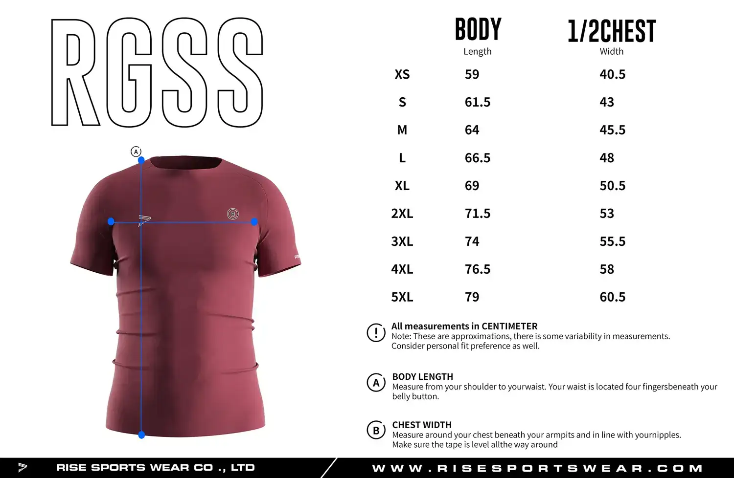 Adult men's size chart for Maroon seamless compression T‑shirt displaying measurements from XS to 5XL.