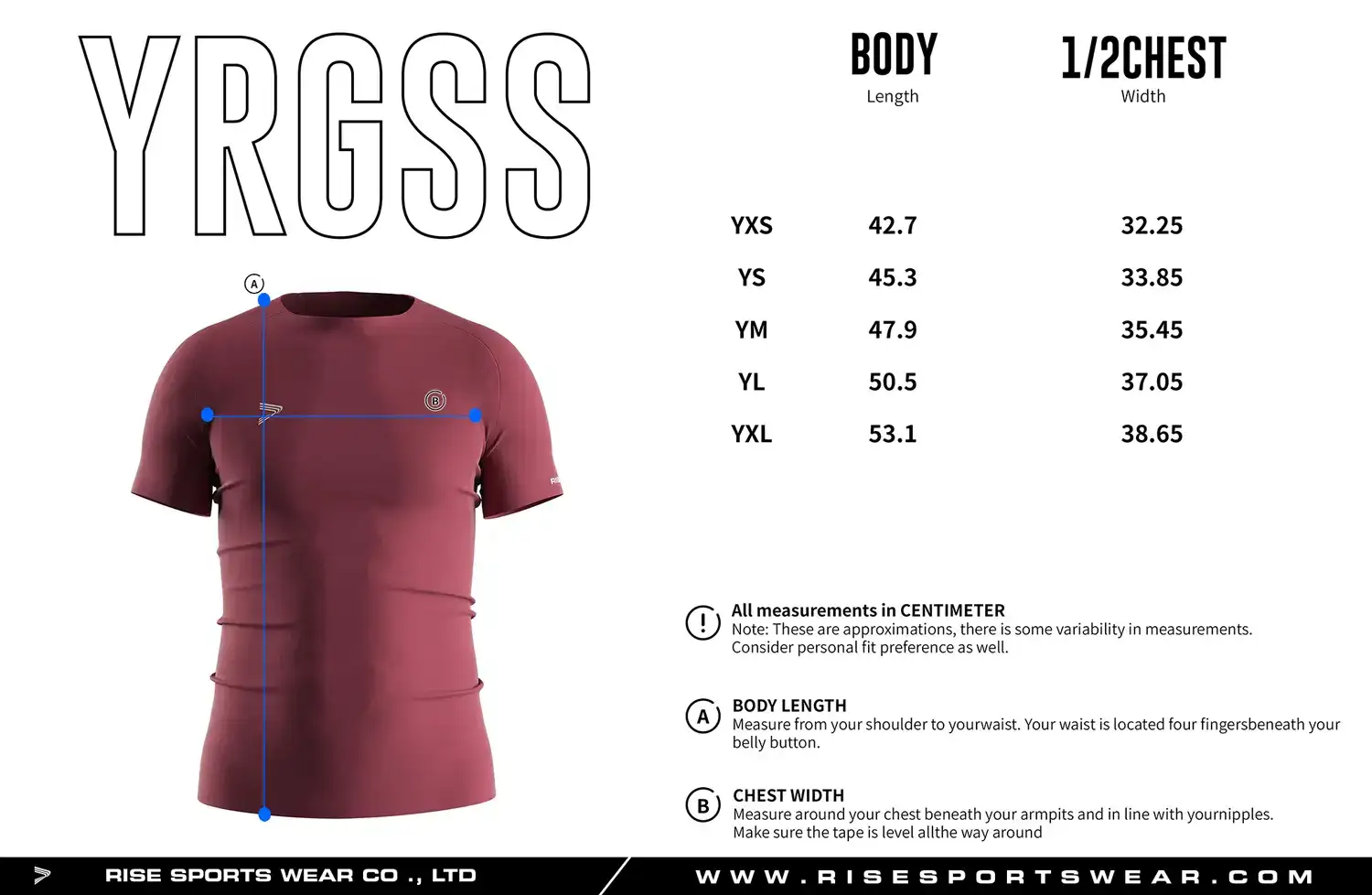 Youth size chart for Maroon seamless compression T‑shirt showing measurements from YXS to YXL.