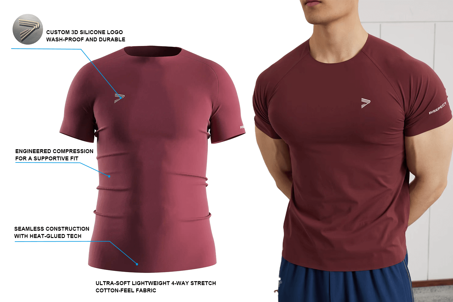 Men's Maroon seamless heat‑bonded compression T‑shirt showing key features such as RS004 fabric, 3D silicone logo, and engineered compression.