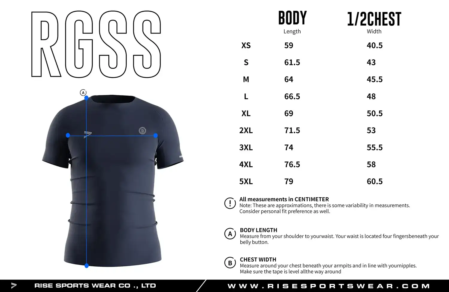 Adult men's size chart for navy blue seamless compression T‑shirt displaying measurements from XS to 5XL.