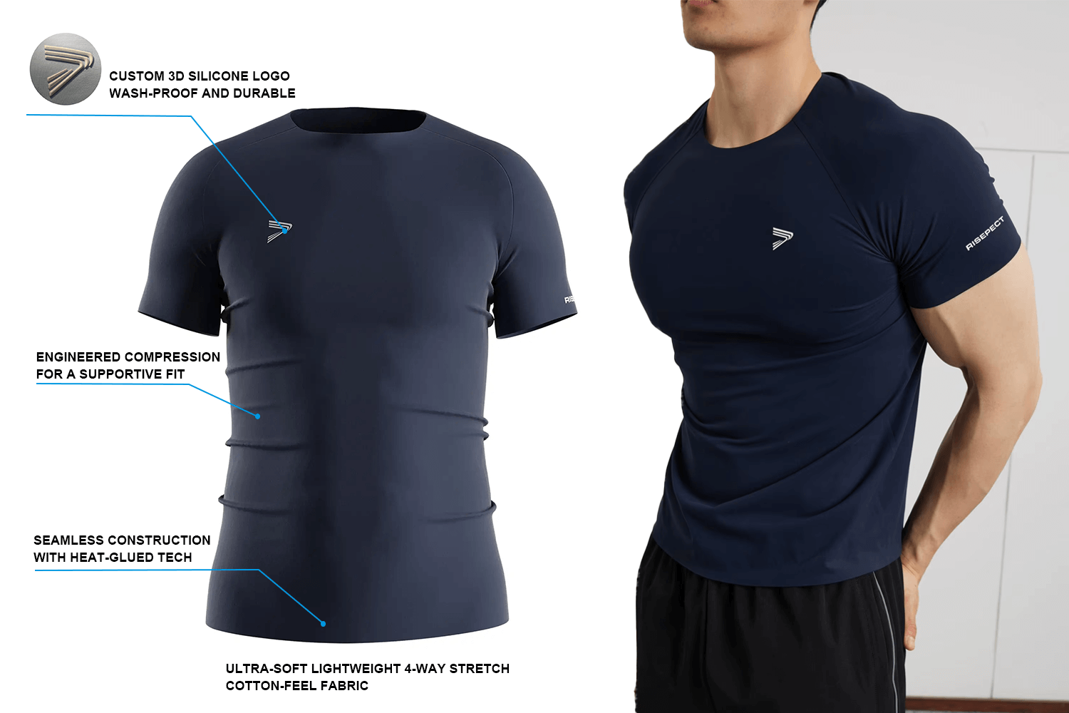Men's navy blue seamless heat‑bonded compression T‑shirt showing key features such as RS004 fabric, 3D silicone logo, and engineered compression.