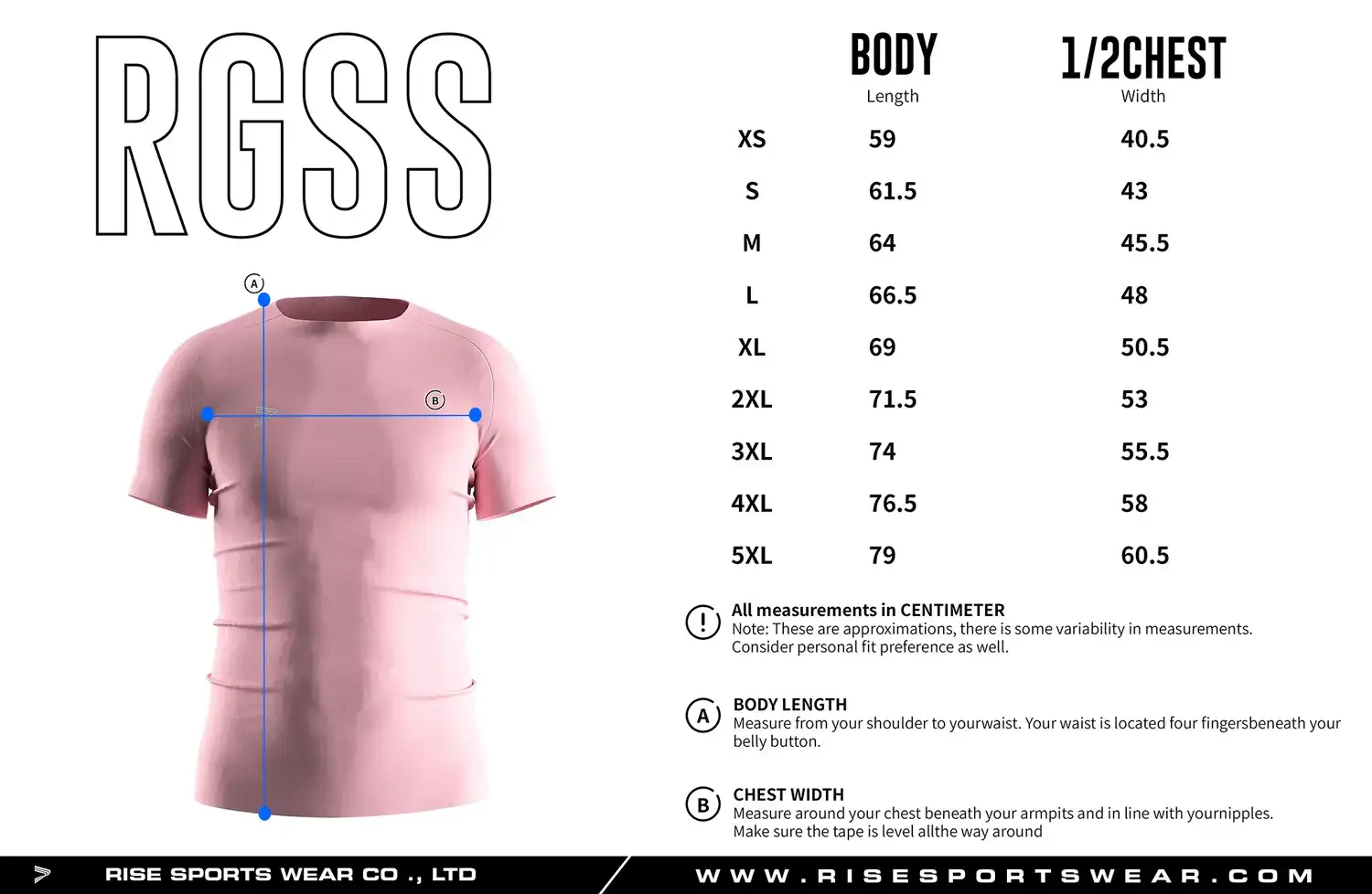 Adult men's size chart for pink seamless compression T‑shirt displaying measurements from XS to 5XL.