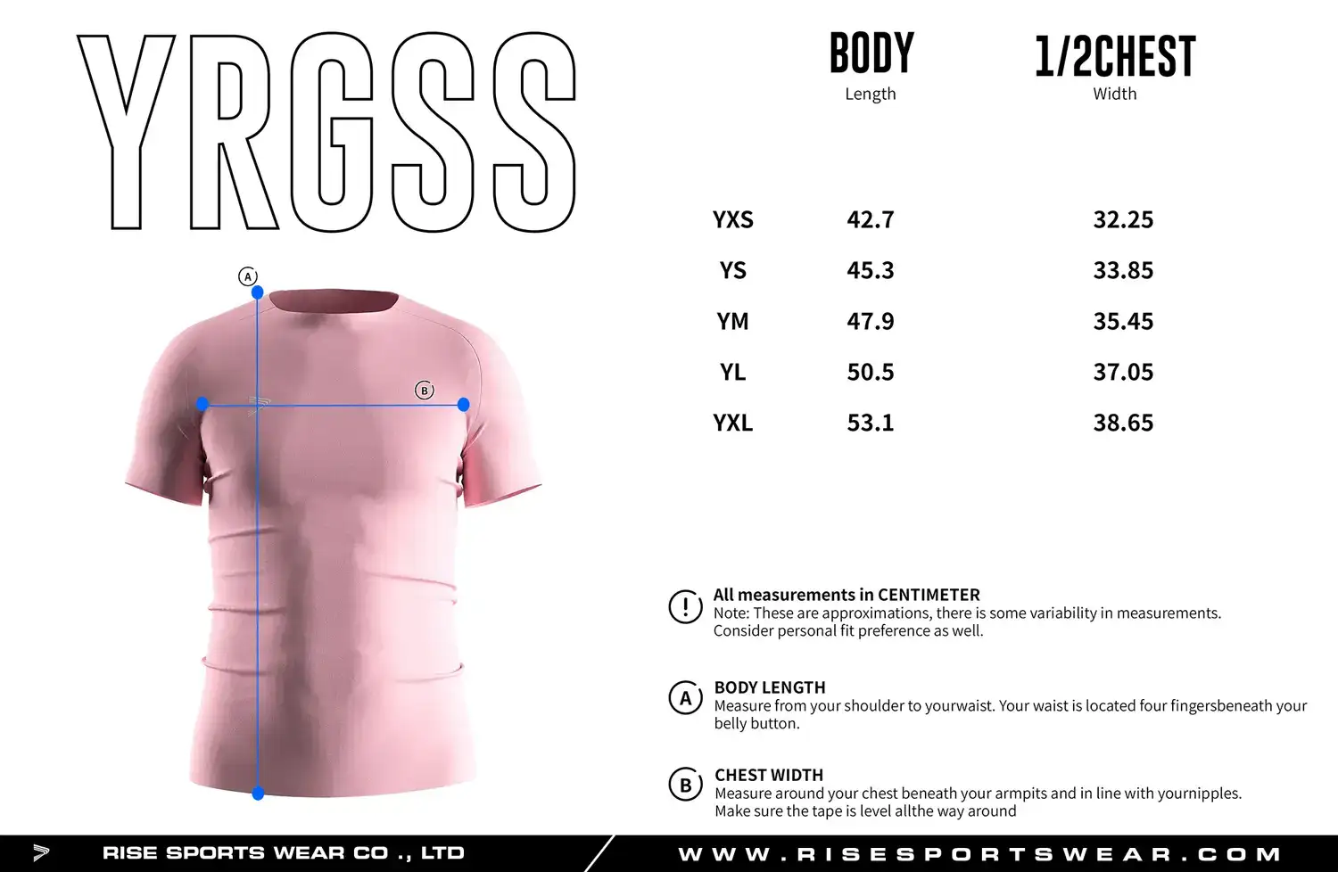 Youth size chart for pink seamless compression T‑shirt showing measurements from YXS to YXL.