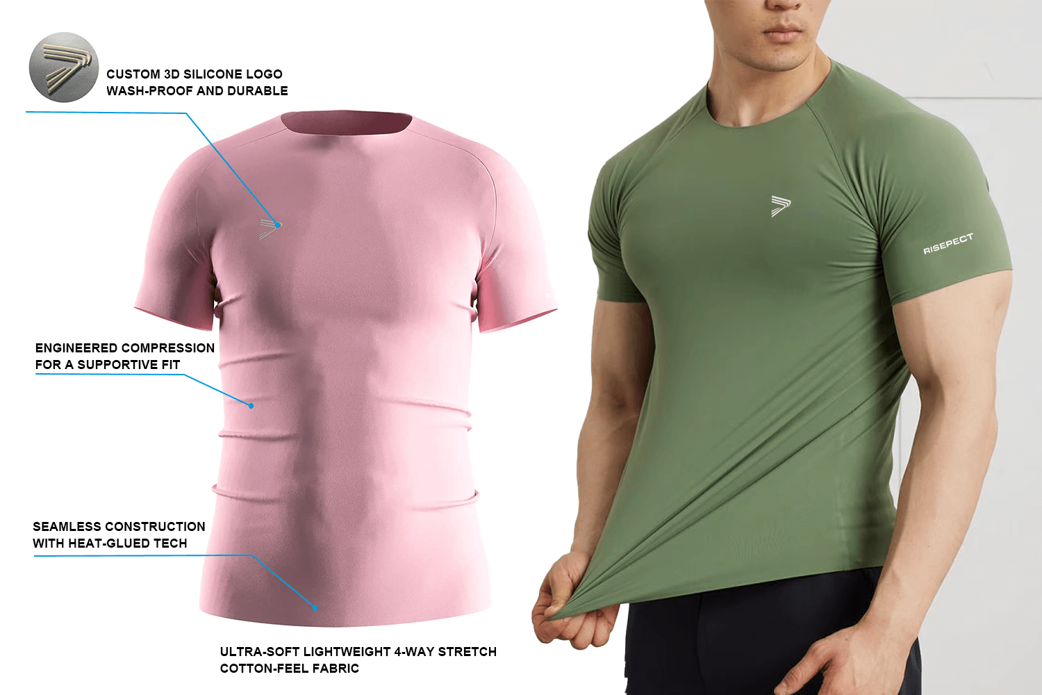 Men's pink seamless heat‑bonded compression T‑shirt showing key features such as RS004 fabric, 3D silicone logo, and engineered compression.