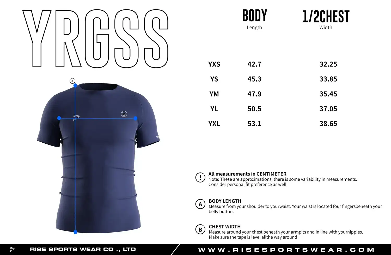 Youth size chart for seamless compression T‑shirt showing measurements from YXS to YXL.