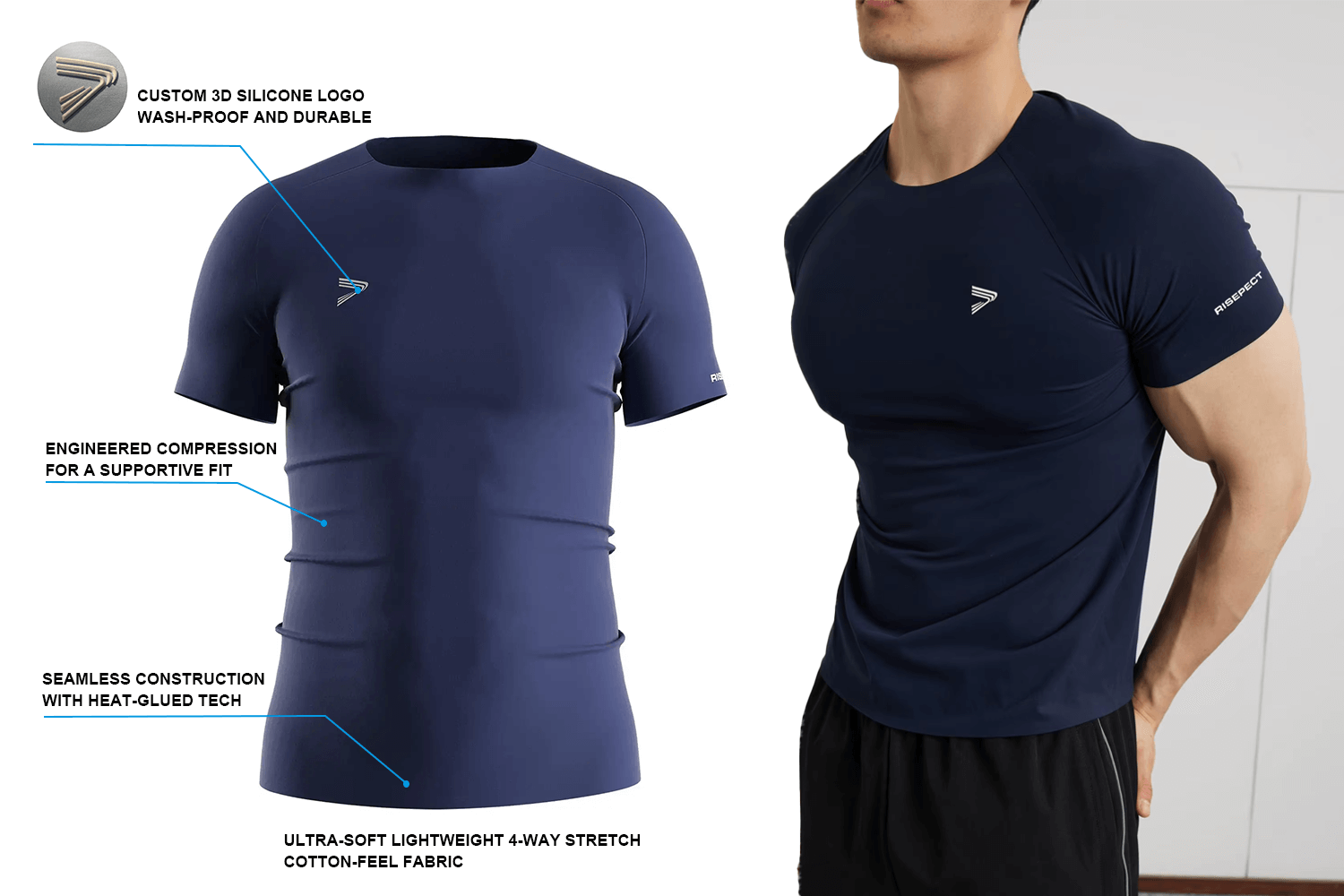 Men's seamless heat‑bonded compression T‑shirt showing key features such as RS004 fabric, 3D silicone logo, and engineered compression.
