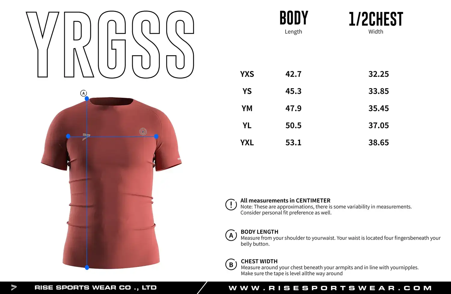 Youth size chart for rust seamless compression T‑shirt showing measurements from YXS to YXL.