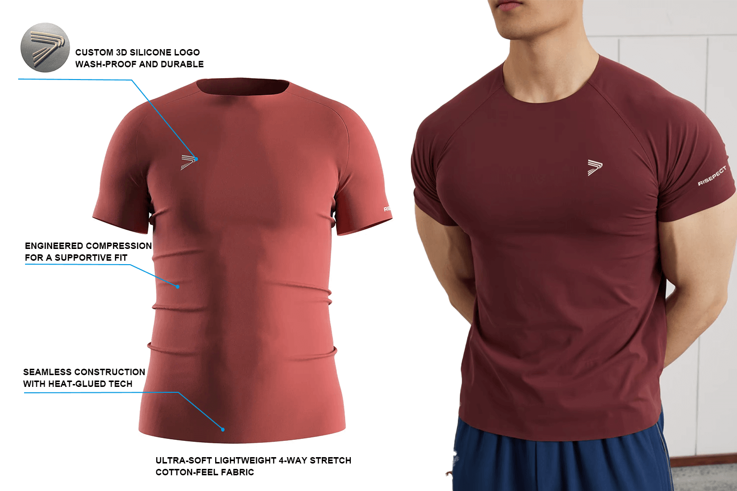 Men's rust seamless heat‑bonded compression T‑shirt showing key features such as RS004 fabric, 3D silicone logo, and engineered compression.