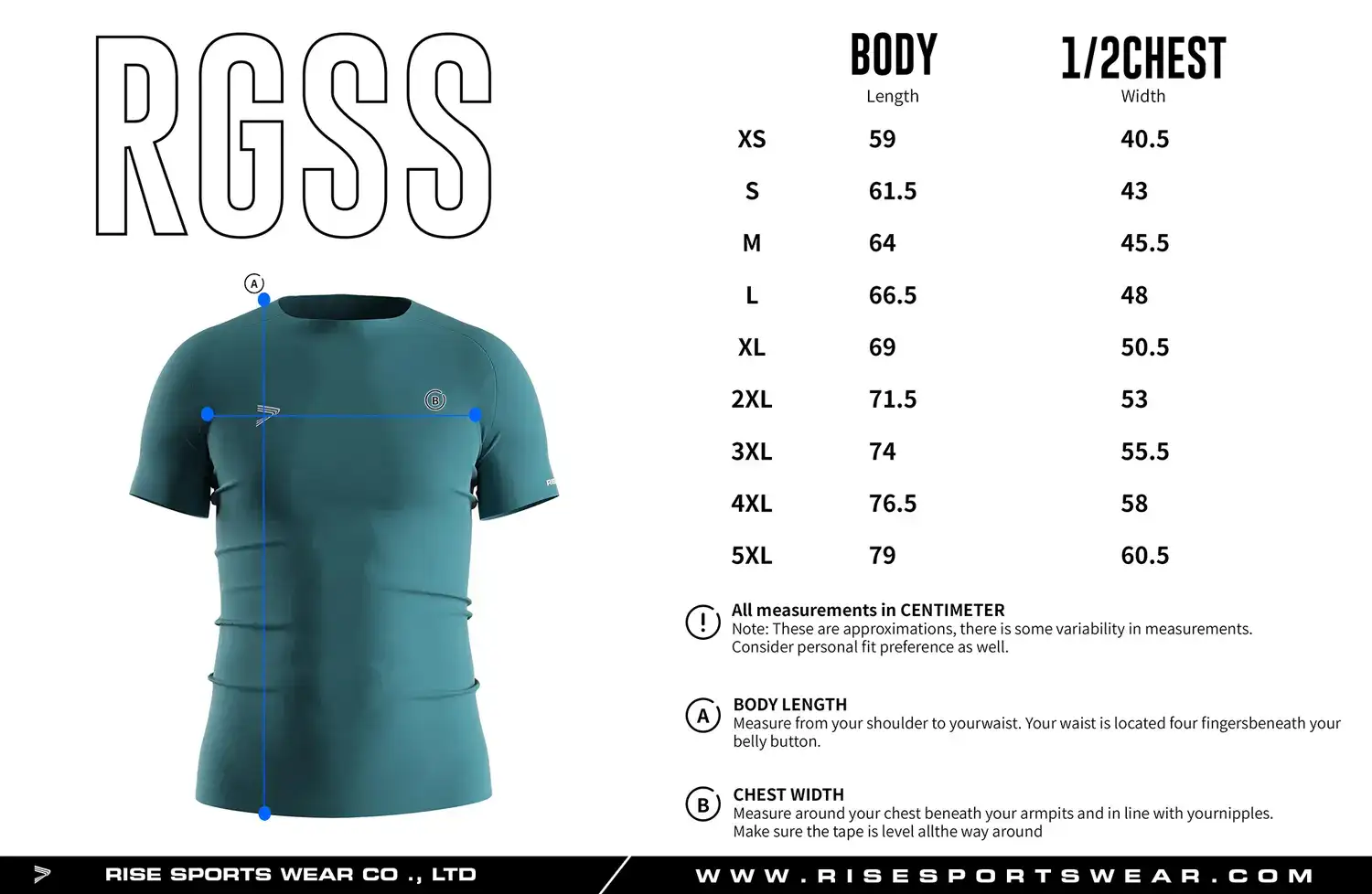 Adult men's size chart for seamless compression T‑shirt displaying measurements from XS to 5XL.