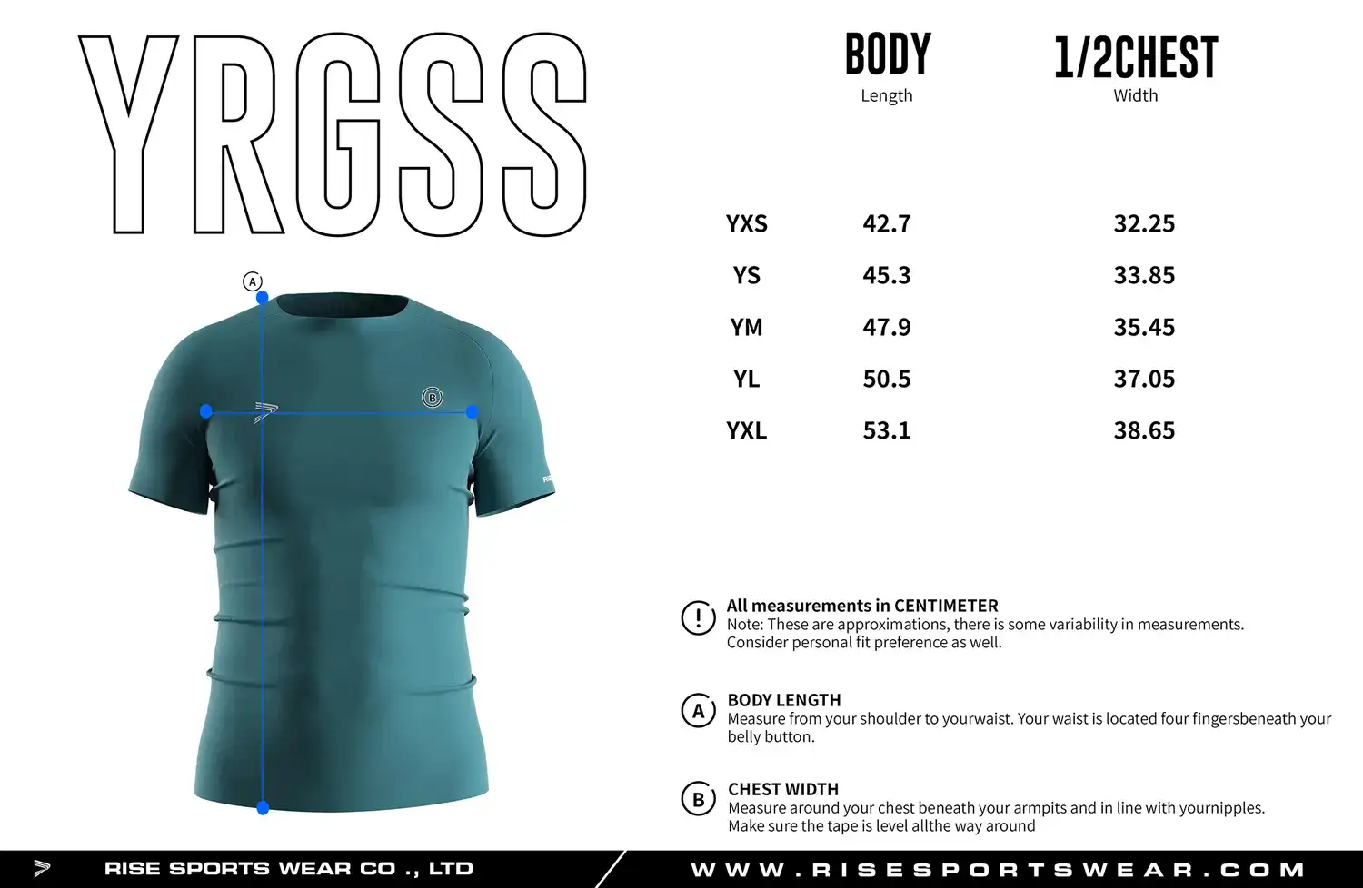 Youth size chart for seamless compression T‑shirt showing measurements from YXS to YXL.