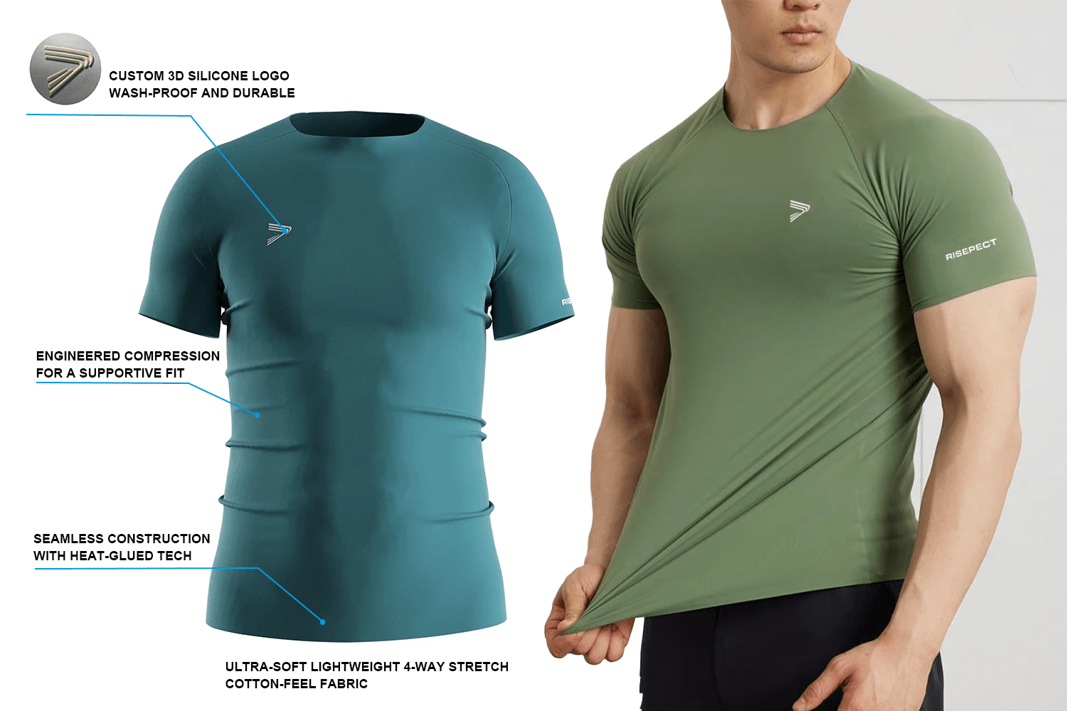 Men's seamless heat‑bonded compression T‑shirt showing key features such as RS004 fabric, 3D silicone logo, and engineered compression.