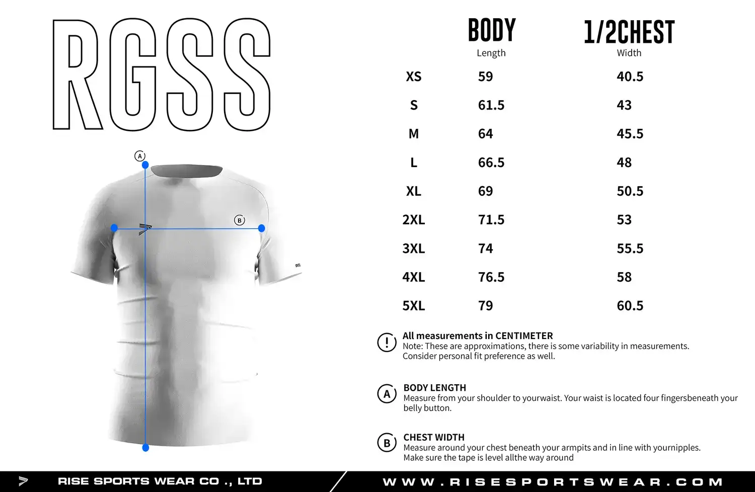 Adult men's size chart for solid white seamless compression T‑shirt displaying measurements from XS to 5XL.