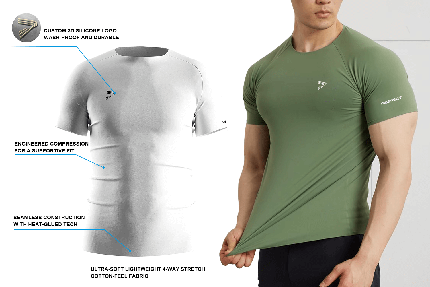 Men's solid white seamless heat‑bonded compression T‑shirt showing key features such as RS004 fabric, 3D silicone logo, and engineered compression.