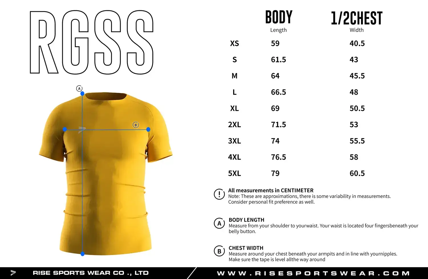 Adult men's size chart for solid yellow seamless compression T‑shirt displaying measurements from XS to 5XL.