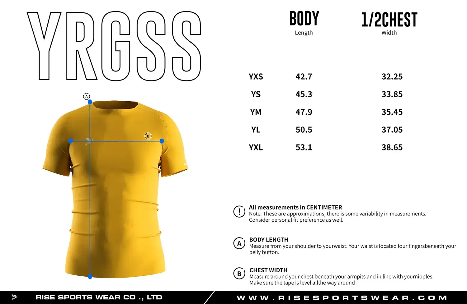 Youth size chart for solid yellow seamless compression T‑shirt showing measurements from YXS to YXL.