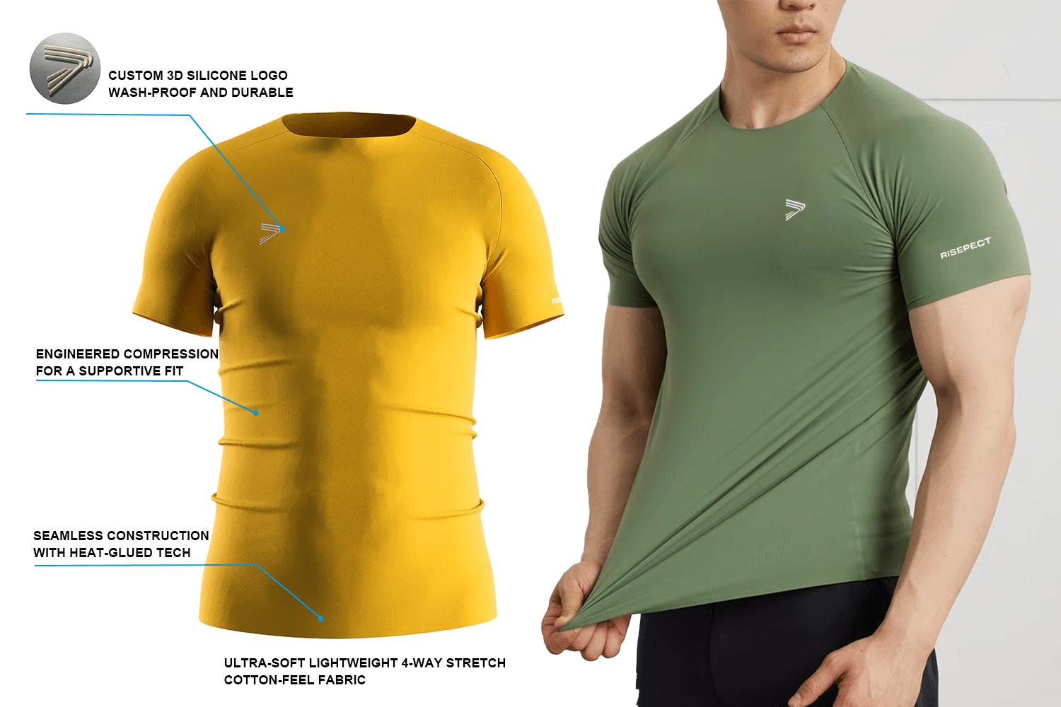 Men's solid yellow seamless heat‑bonded compression T‑shirt showing key features such as RS004 fabric, 3D silicone logo, and engineered compression.