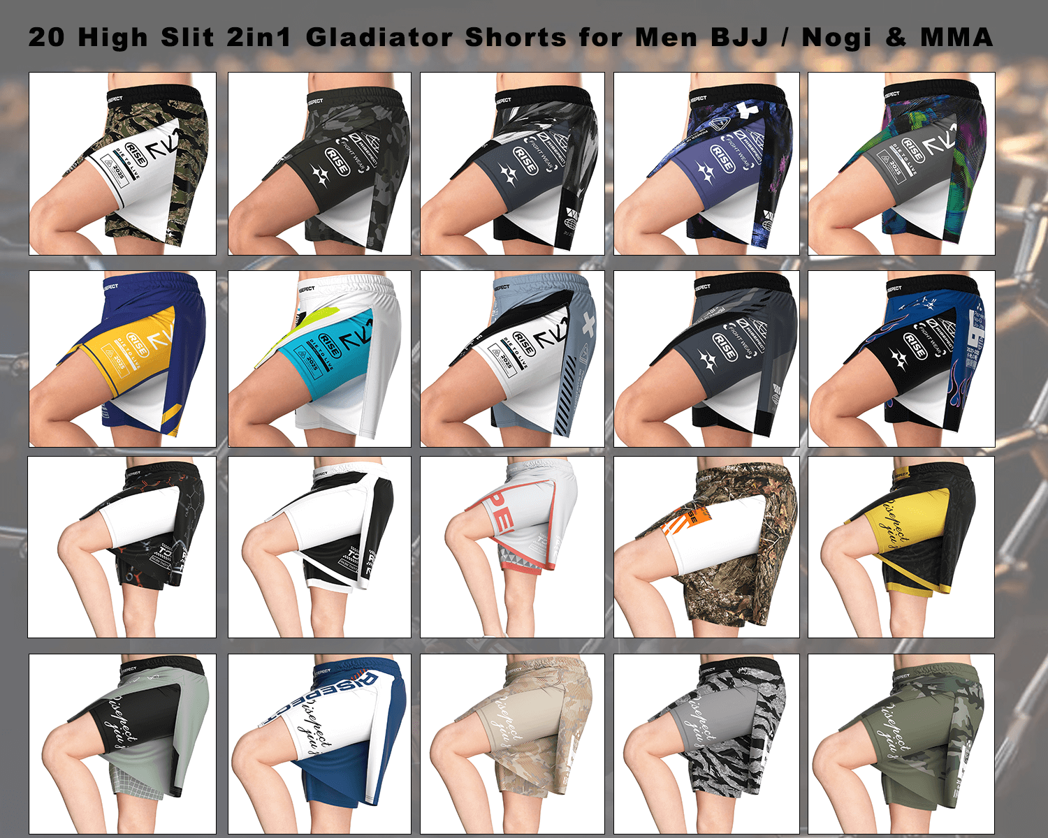 20 Styles Hight Slit 2IN1 Gladiator Shorts For Men BJJ / NoGi And MMA