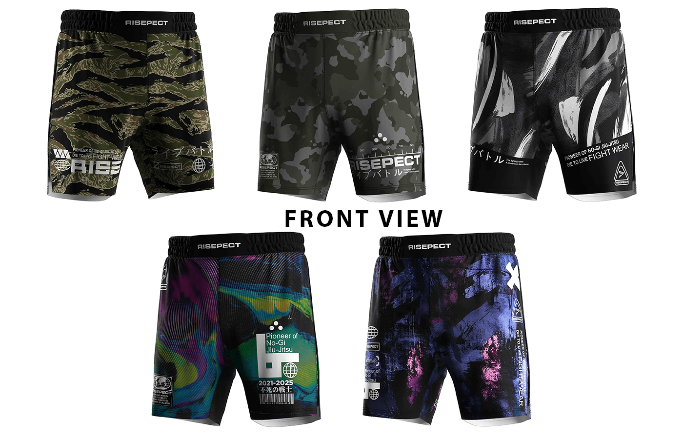 5 styles High-Slit 2-in-1 Sublimated Gladiator Fight Shorts Front View