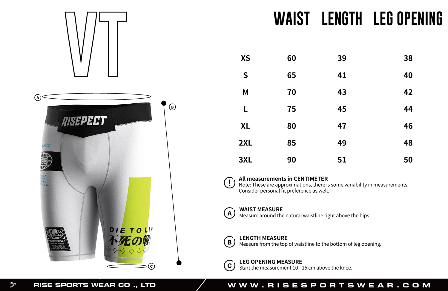 Men's sizes chart of VT shorts 2.0