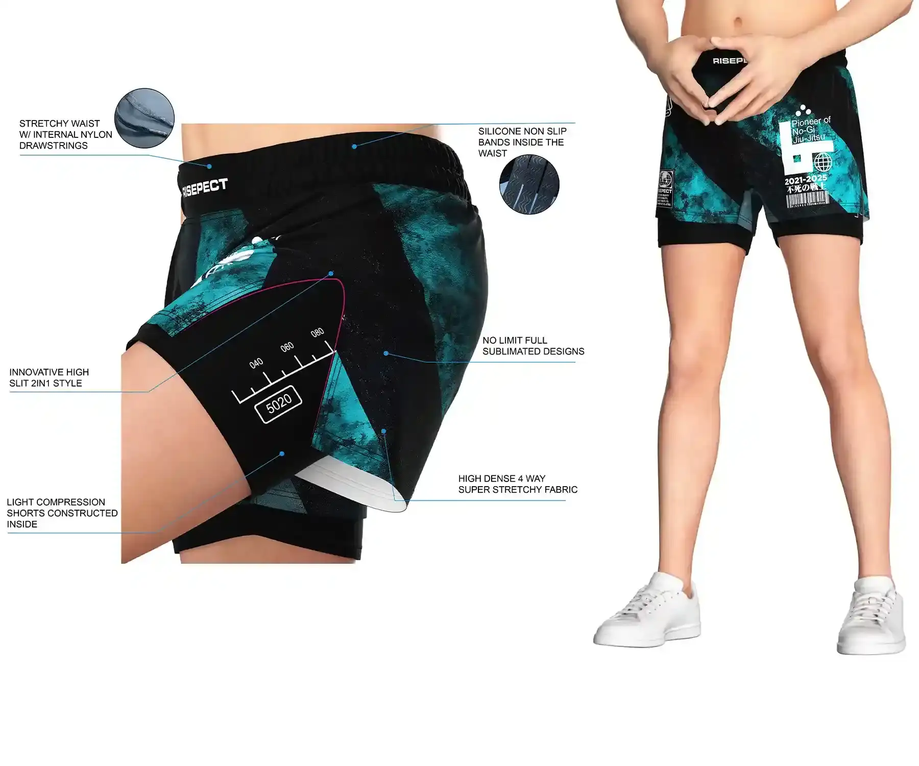 Men's MMA and gym high-slit 2in1 hybrid shorts designed for performance and branding. Full sublimation printing, 4-way stretch fabric, built-in compression, and OEM customization for sizing, packaging, tags, and drawstrings. Ideal for wholesale MMA brands.