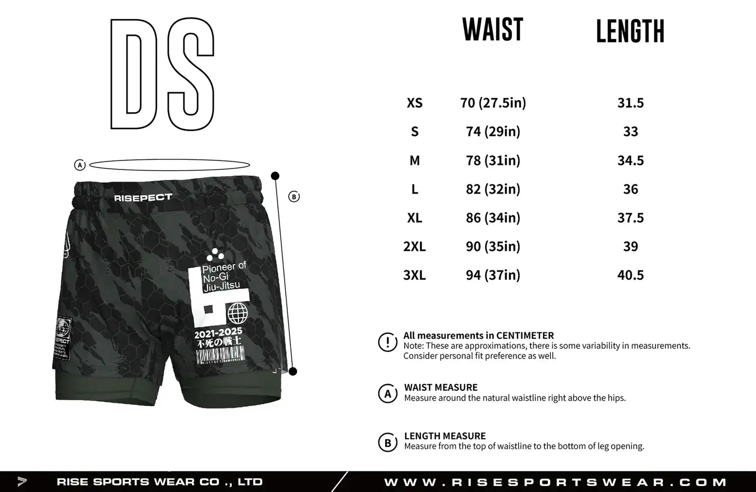 Men's Sizes Chart of MMA and GYM high slit 2 in 1 hybrid shorts