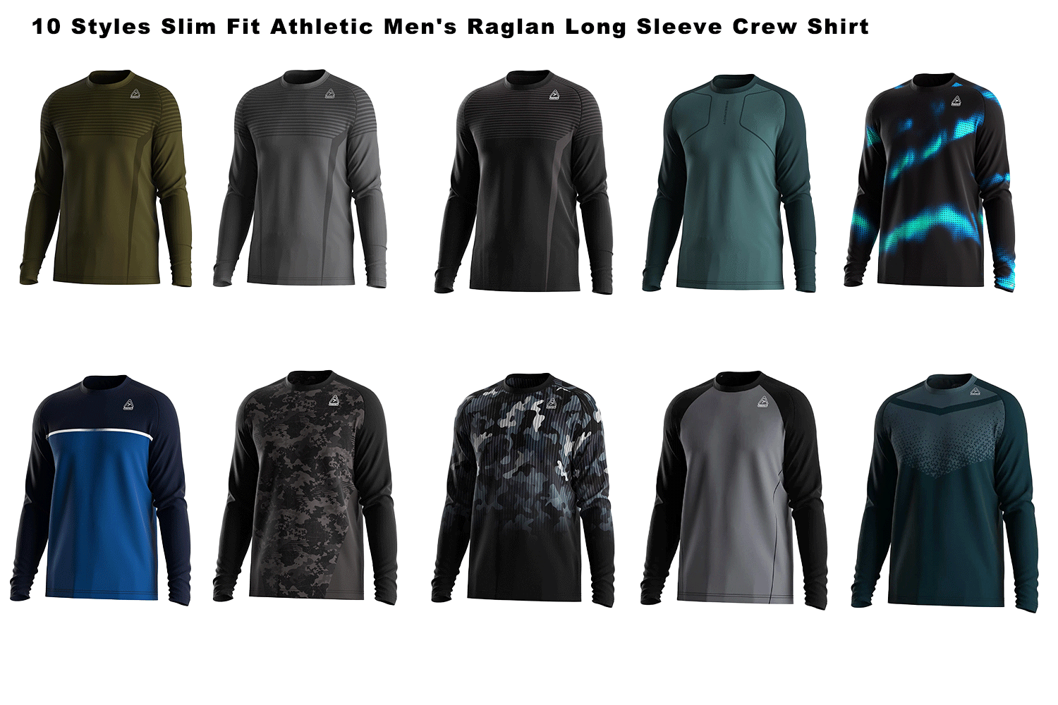10 styles slim fit athletic men's raglan long sleeve crew neck shirts