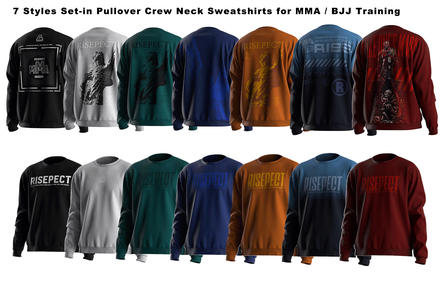 7 styles set-in pullover crew neck sweatshirts for MMA/BJJ training