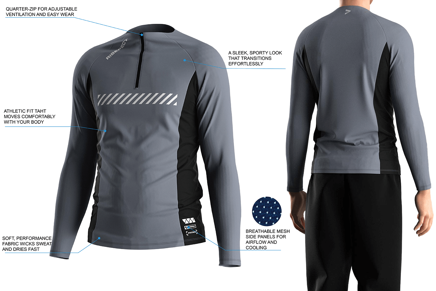 Details Feature of Men's Athletic Raglan Long Sleeve Quarter Zip With Side Mesh Panel