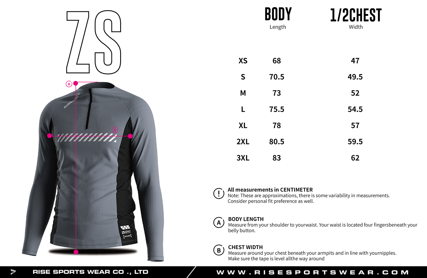 Rise Sportswear Existing Men's Sizes Chart of Men's Athletic Raglan Long Sleeve Quarter Zip With Side Mesh Panel