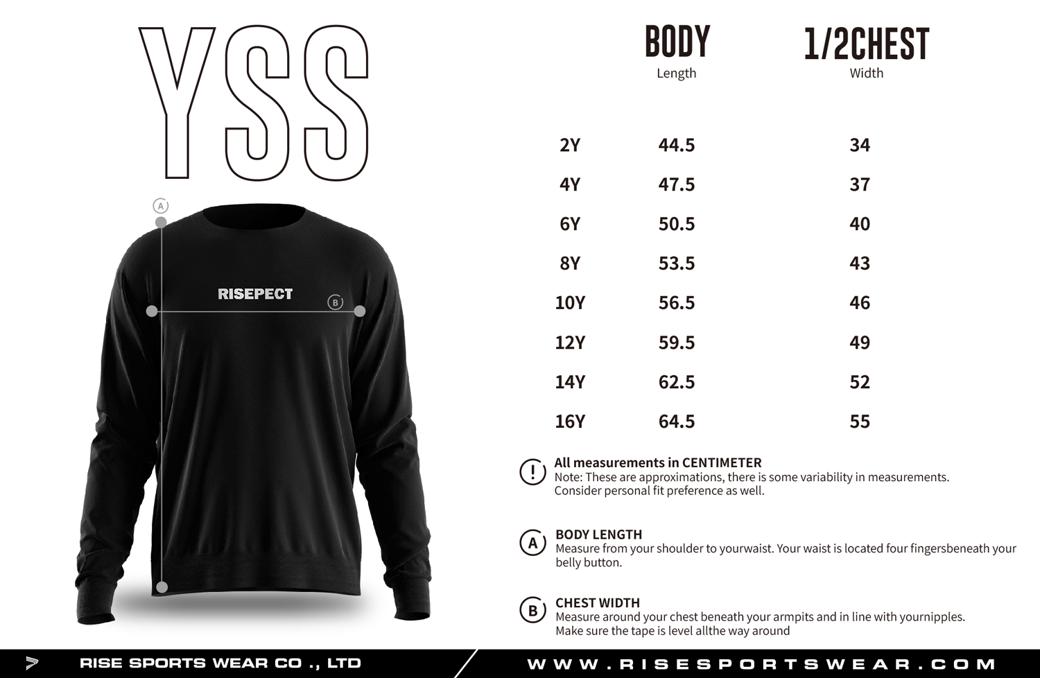 Youth sizes chart of set-in pullover crew neck sweatshirts for MMA/BJJ training