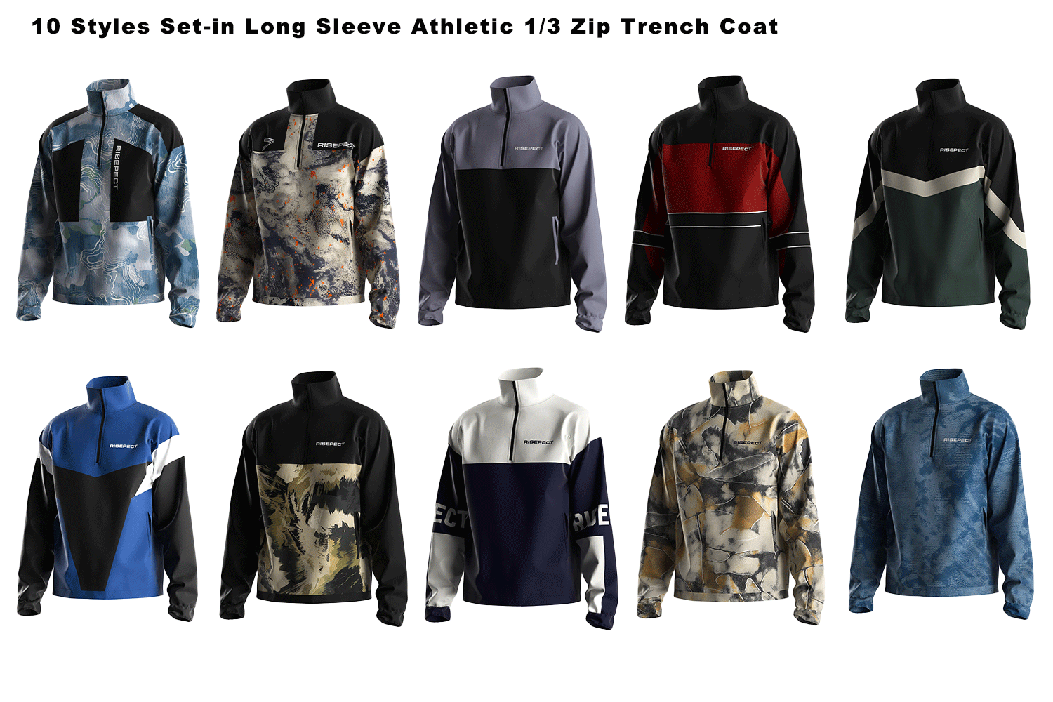 10 styles set-in long sleeve athletic pullover 1/3 zip trench coat
