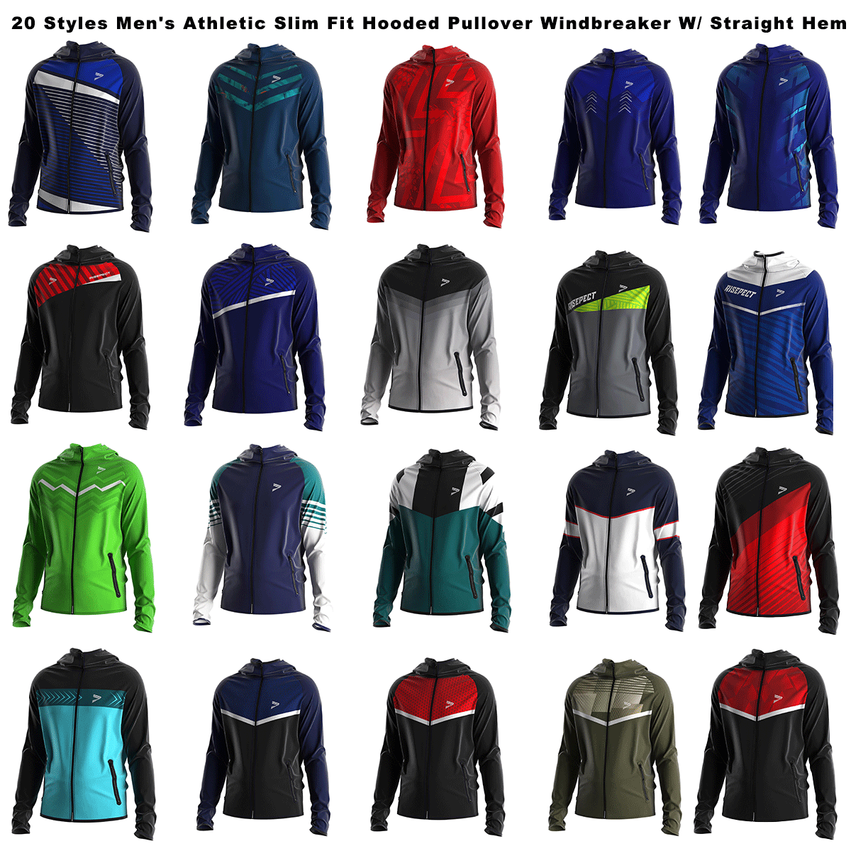 20 styles men's athletic slim fit hooded pullover windbreaker with straight hem