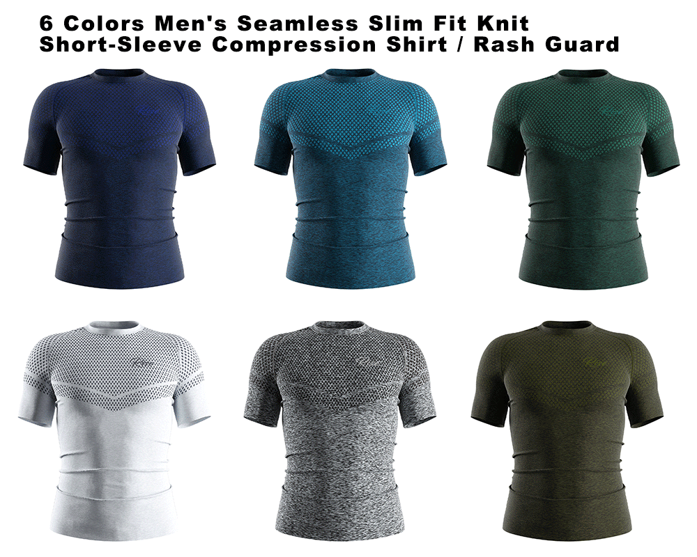 6 colors men's seamless slim fit knit short sleeve athletic compression shirts / rash guards