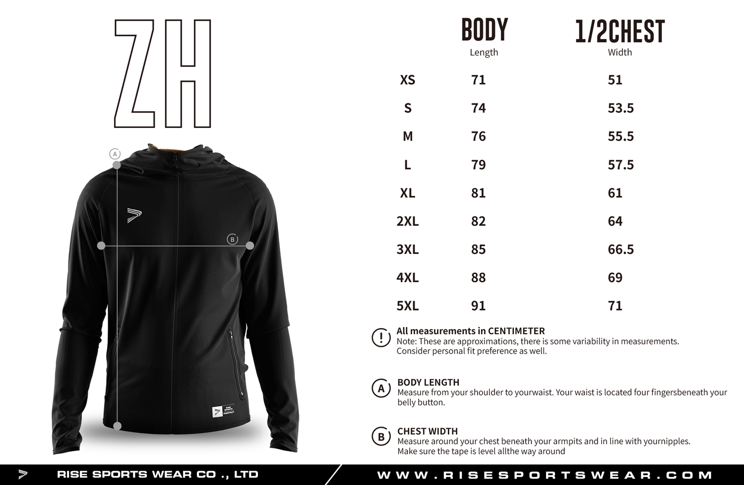 Use men's sizes chart provded by Rise Sportswear, or custom your own brand, club or team sizes chart for men's athletic slim fit hooded pullover windbreaker with straight hem.