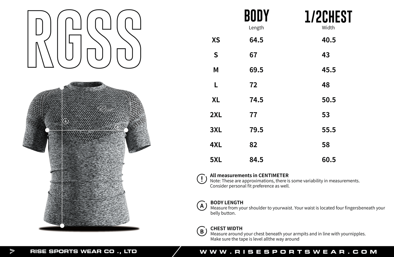 Use the men's adult size chart provided by Rise Sportswear, or customize your own brand, club, or team adult size chart for men's seamless slim fit knit short sleeve athletic compression shirts / rash guards.