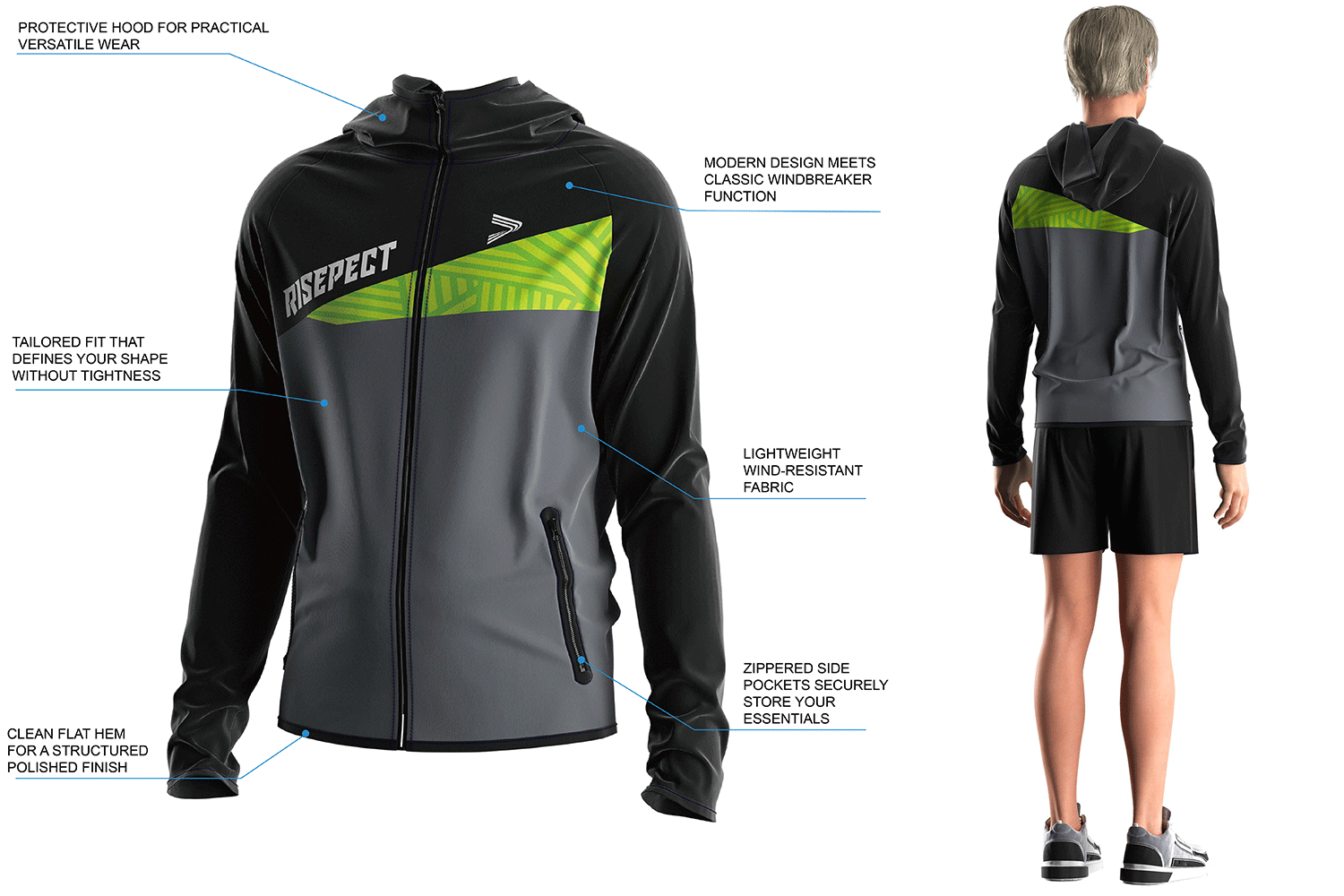 Details Feature of men's athletic slim fit hooded pullover windbreaker with straight hem