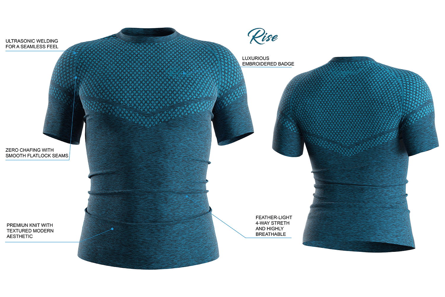 Details feature of men's seamless slim fit knit short sleeve athletic compression shirt / rash guard