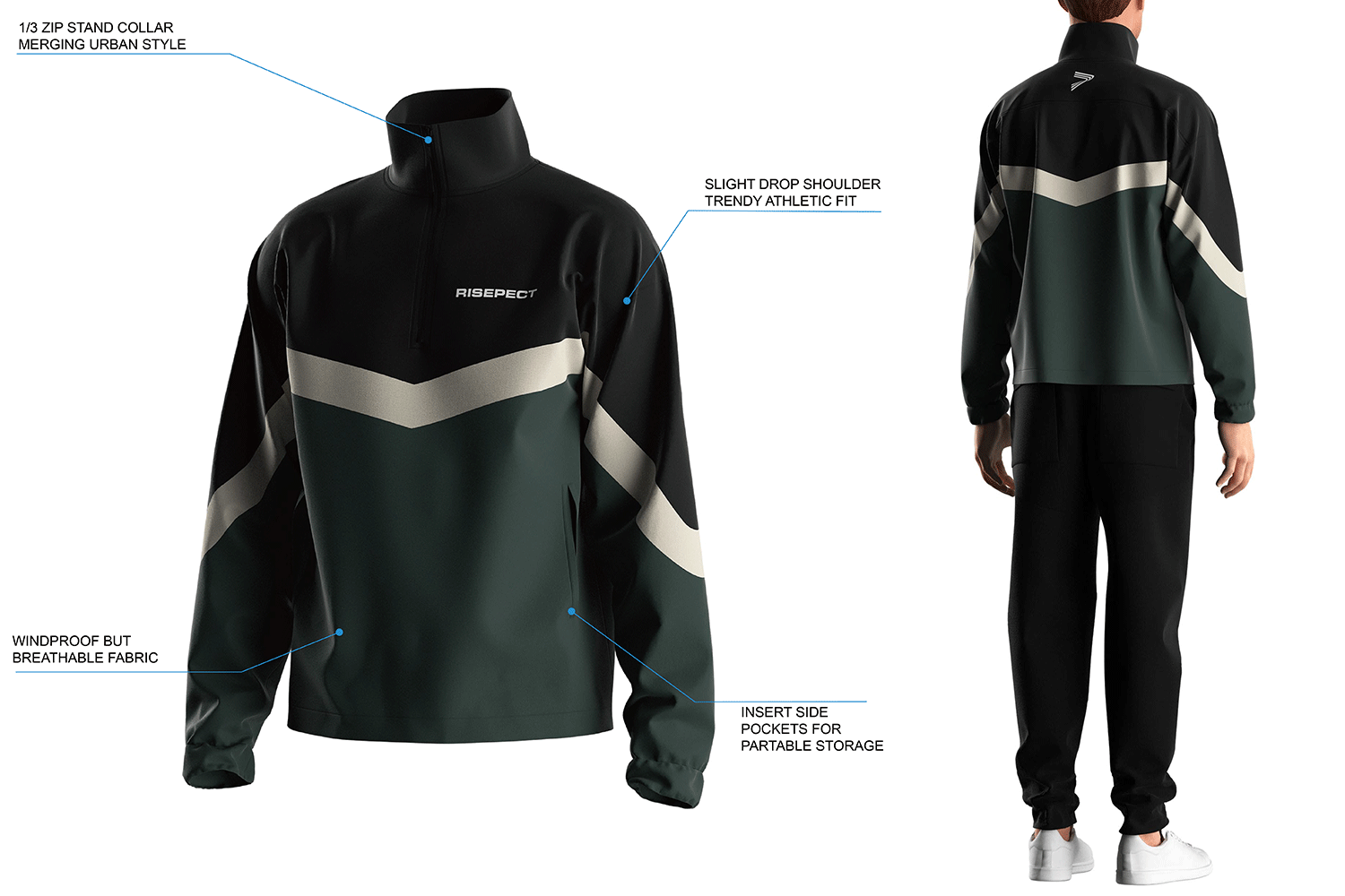 Details Feature of set-in long sleeve athletic pullover 1/3 zip trench coat