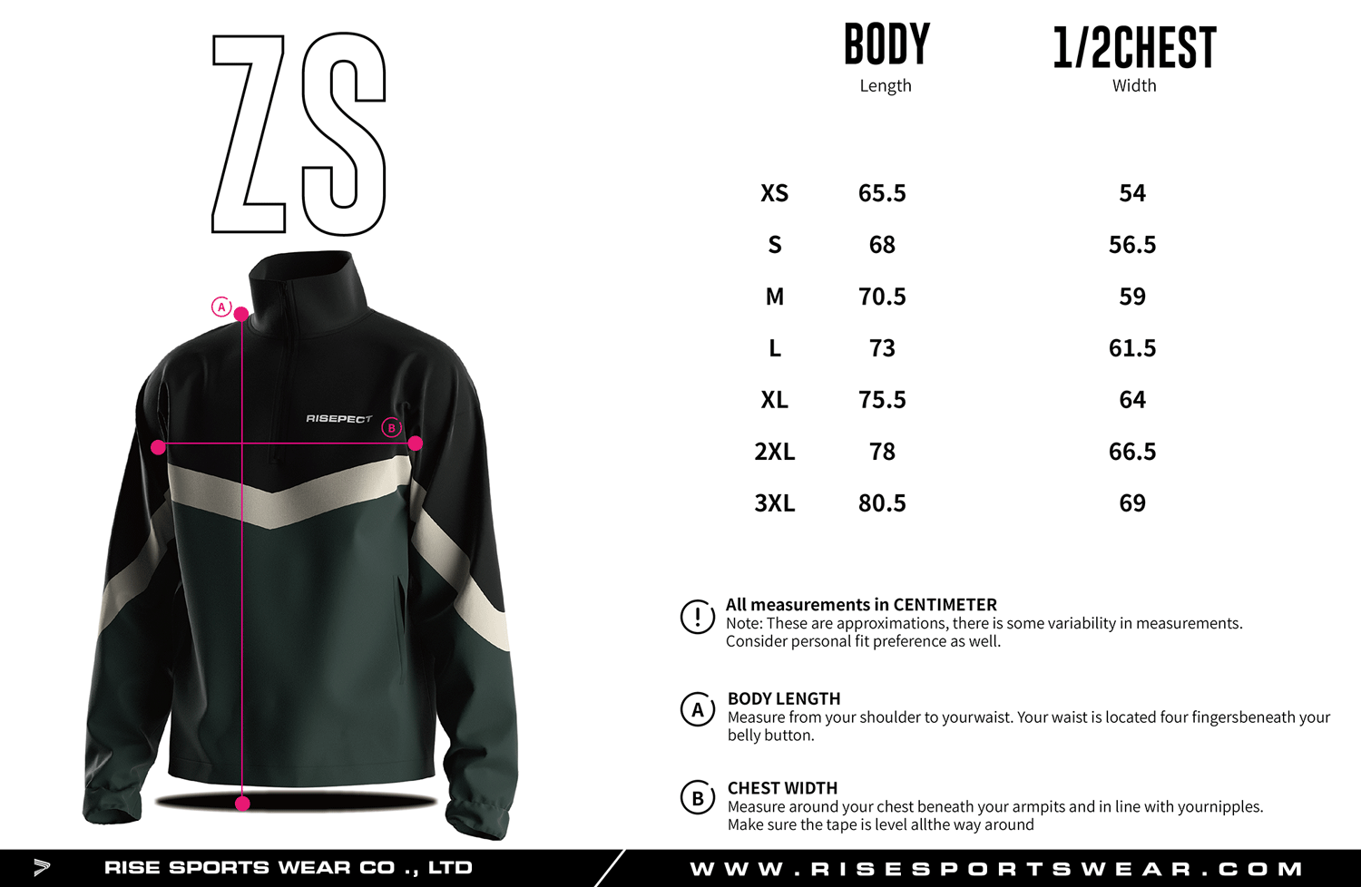 Use the men's sizes chart proveded by Rise Sportswear, or custom your own brand, club, or team sizes chart for set-in long sleeve athletic pullover 1/3 zip trench coat.